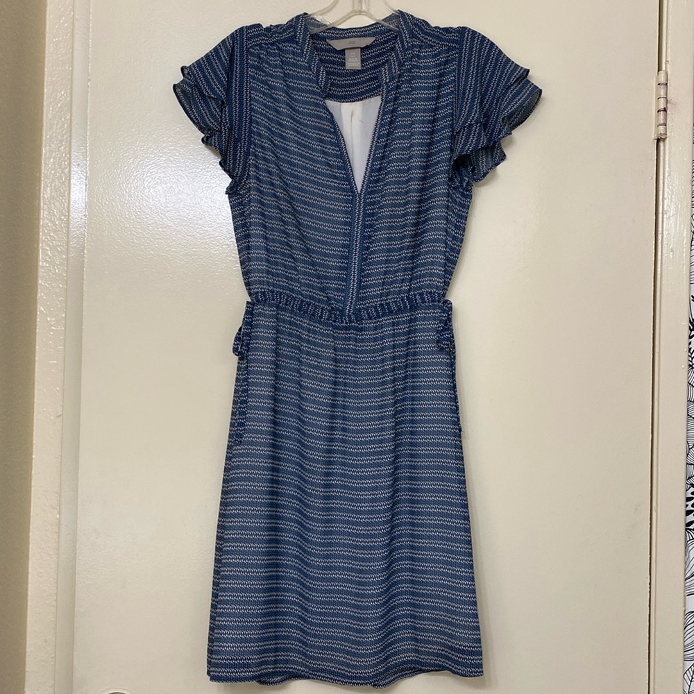 Blue and White Boho Print Flutter Sleeve Dress